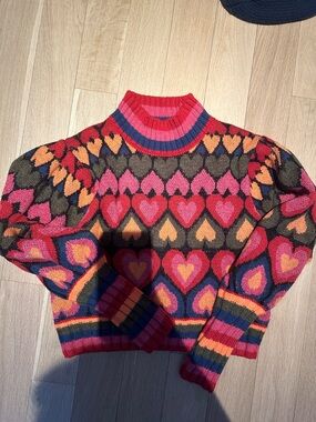 Farm rio Colorful Heart-Pattern Crewneck Sweater - Pink & Red